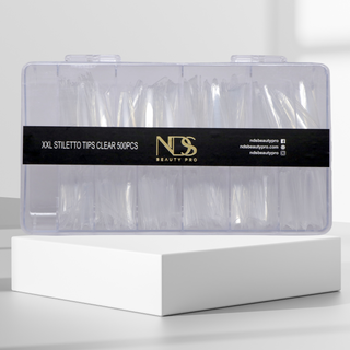 front view of 500 piece clear nail tip set in 2xl stiletto 