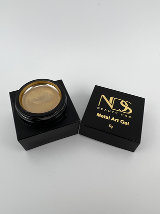 angled top view of Gold Metal Art Gel in a 5g square jar displaying the gold reflection 