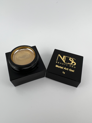 angled top view of Gold Metal Art Gel in a 5g square jar displaying the gold reflection