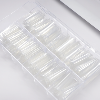 open view of 500 piece clear nail tip set in 2xl square non c curve 