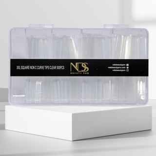 front view of 500 piece clear nail tip set in 2xl square non c curve